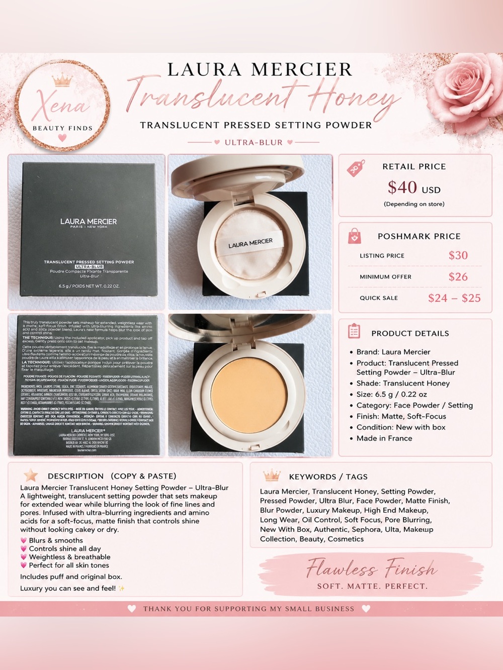 laura mercier Translucent Honey Pressed Setting Powder - Cream & Gold Compact